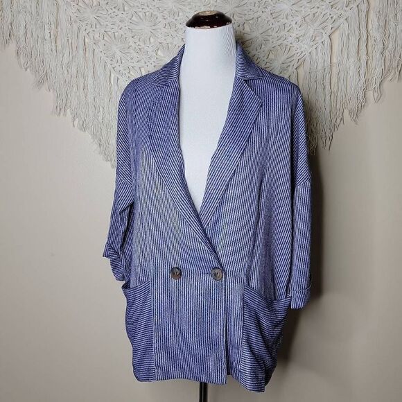 Fashion On Earth Stripe Double Button 3/4 Sleeve Navy Blue Blazer Medium - Picture 15 of 15